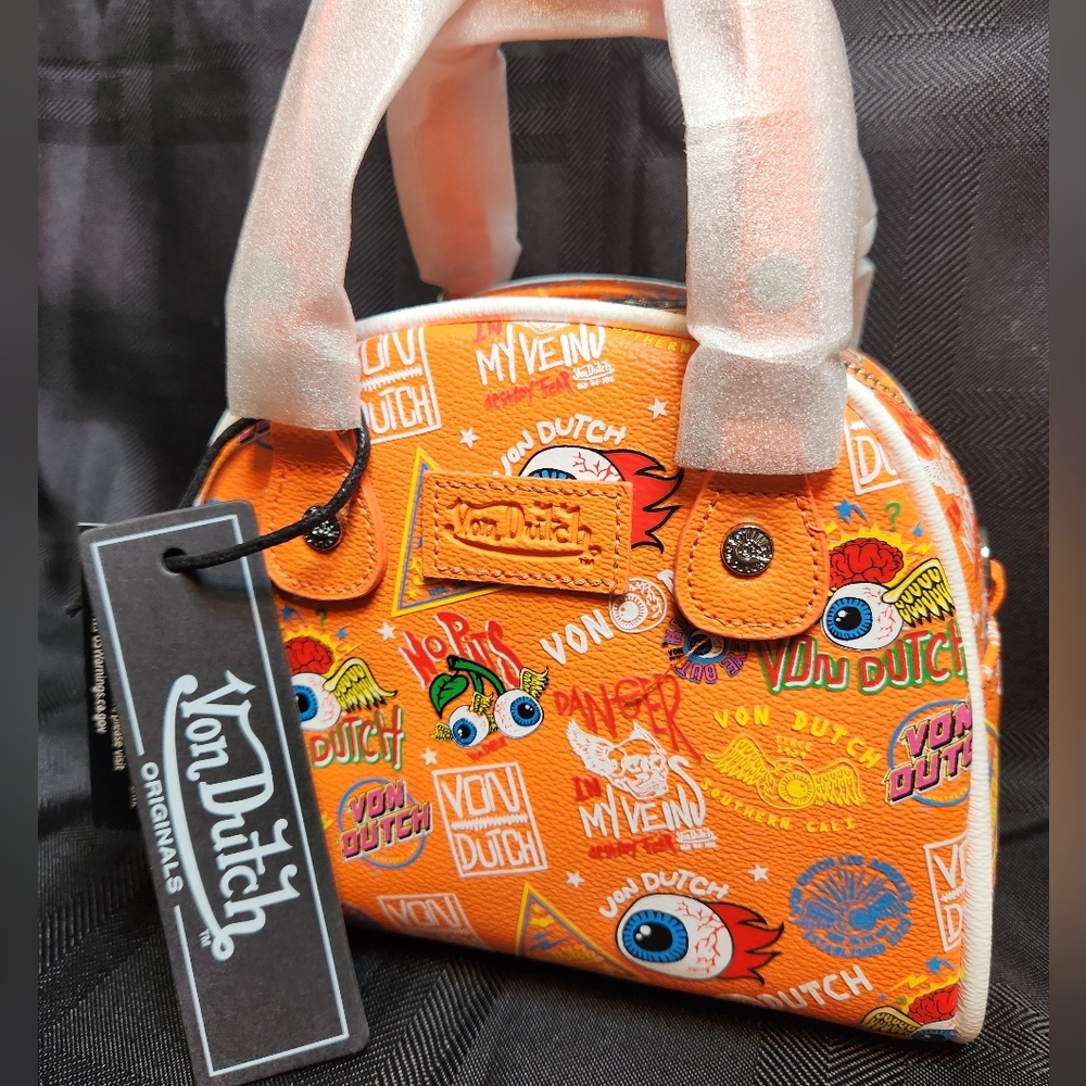 Von Dutch Graphic Jax Vibrant Orange Mini Bowler Bag Crossbody NWT Retail $149